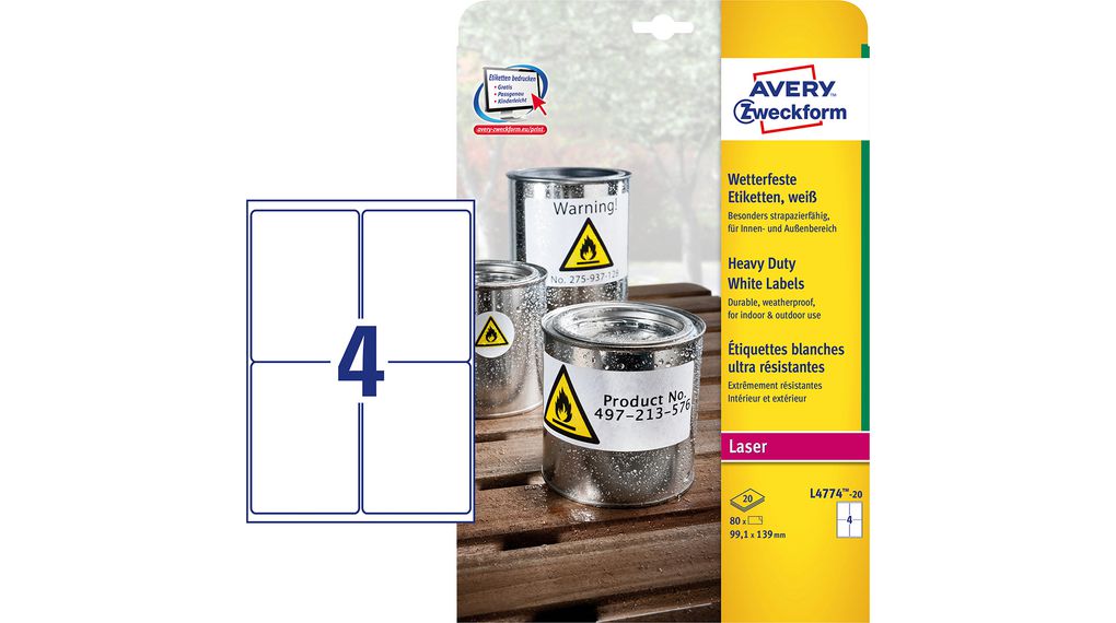 Label, Polyester, 139 x 99.1mm, 20x 4pcs, White